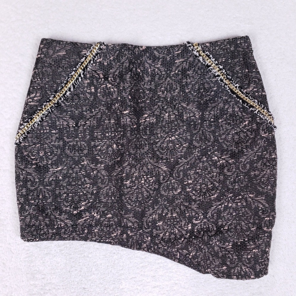English Rose Tweed Asymmetrical Mini Skirt Womens Small Pink Black Chain Preppy